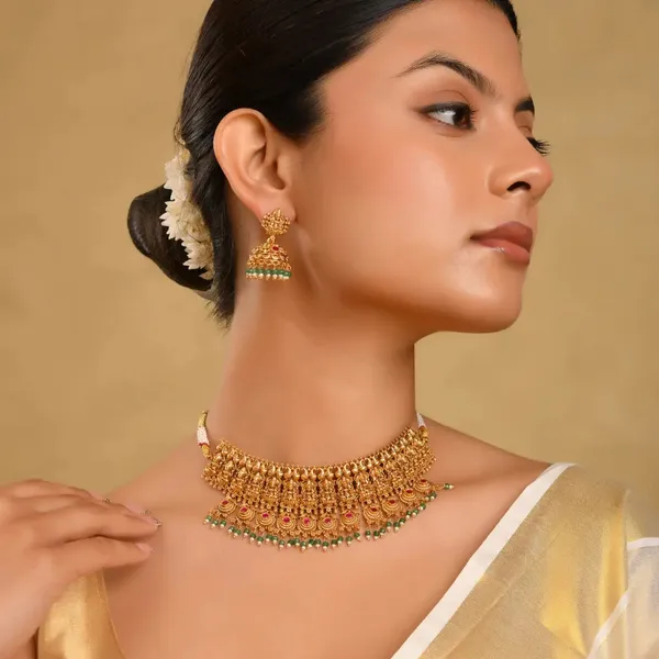 1_Gram_Gold_Choker_Set_Beaded_Temple_Choker_With_Green_Drops_J_1524_Red