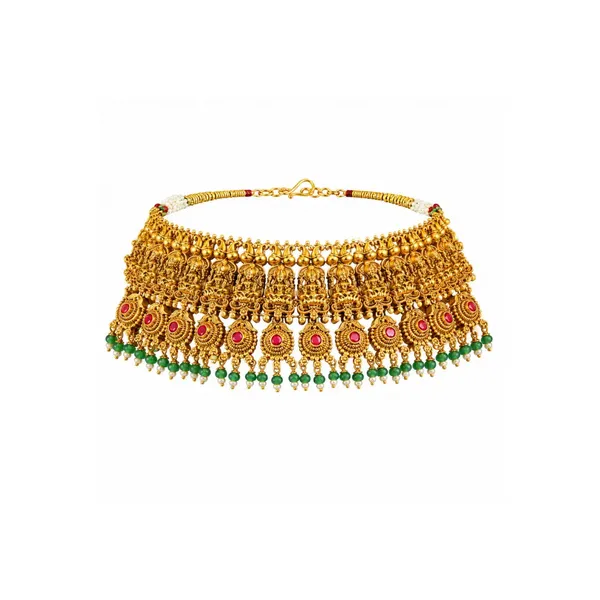 1_Gram_Gold_Choker_Set_Beaded_Temple_Choker_With_Green_Drops_J_1524_Red