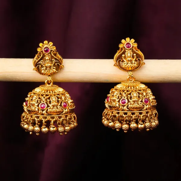 1_Gram_Gold_Jhumka_Earrings_Floral_Crown_Lakshmi_Temple_Design_R_1142_Red