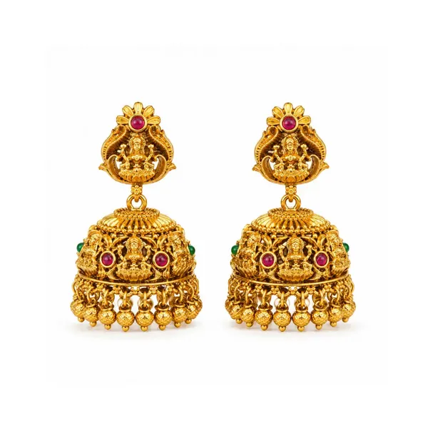 1_Gram_Gold_Jhumka_Earrings_Floral_Crown_Lakshmi_Temple_Design_R_1142_Green