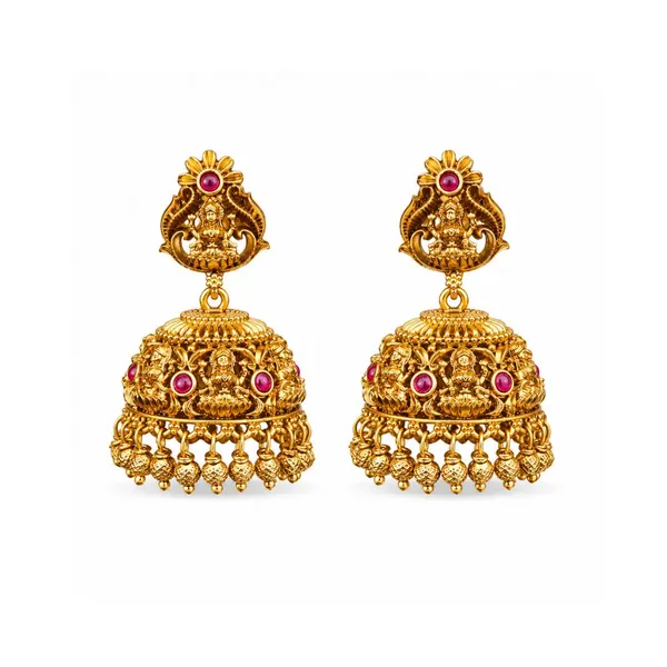 1_Gram_Gold_Jhumka_Earrings_Floral_Crown_Lakshmi_Temple_Design_R_1142_Green
