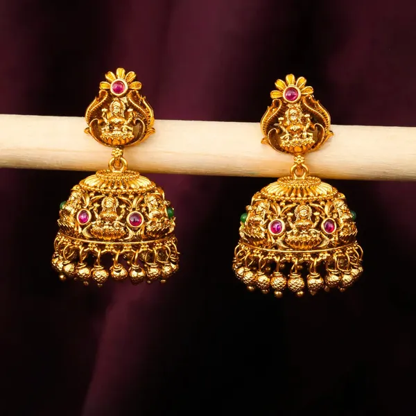 1_Gram_Gold_Jhumka_Earrings_Floral_Crown_Lakshmi_Temple_Design_R_1142_Green