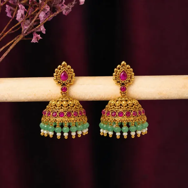 1_Gram_Gold_Jhumka_Earrings_Floral_Dome_Design_With_Green_Beads_R_2895_Green