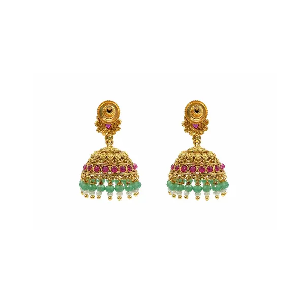 1_Gram_Gold_Jhumka_Earrings_Floral_Dome_Design_With_Green_Beads_R_2895_Green