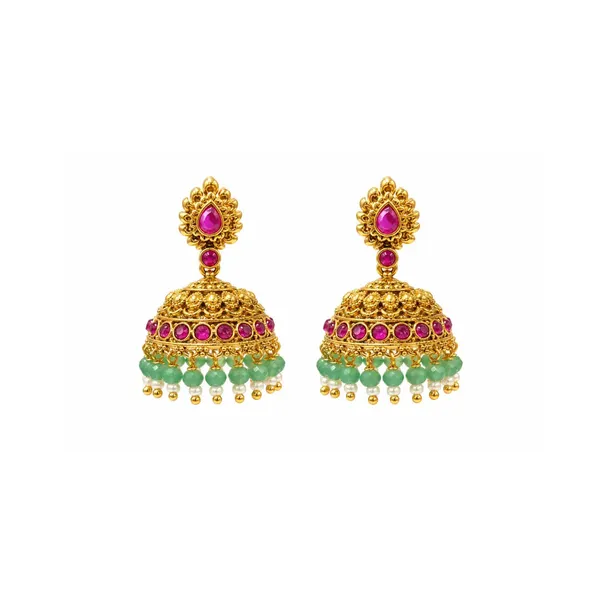 1_Gram_Gold_Jhumka_Earrings_Floral_Dome_Design_With_Green_Beads_R_2895_Green