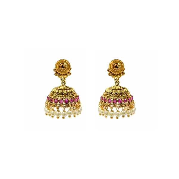 1_Gram_Gold_Jhumka_Earrings_Floral_Dome_Design_With_Green_Beads_R_2895_White