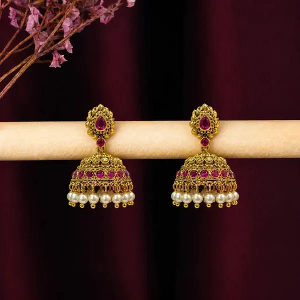 1_Gram_Gold_Jhumka_Earrings_Floral_Dome_Design_With_Green_Beads_R_2895_White
