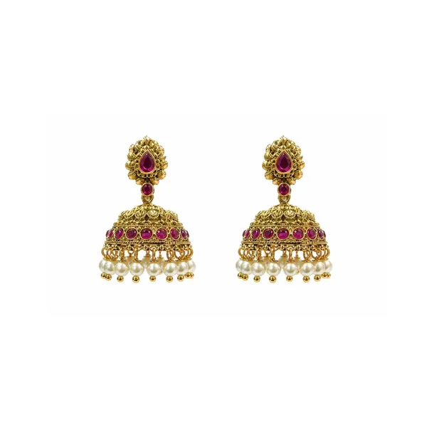 1_Gram_Gold_Jhumka_Earrings_Floral_Dome_Design_With_Green_Beads_R_2895_White