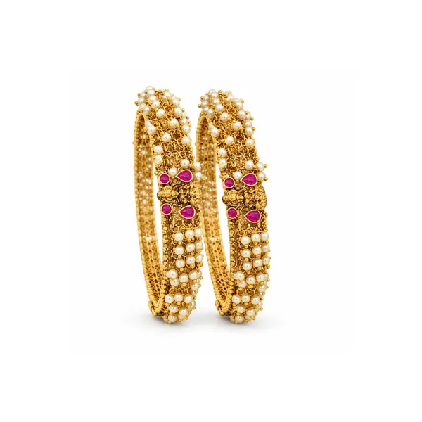 1_Gram_Gold_Pearl_Bangles_Antique_Bridal_Bangles_Set_With_Ruby_V_2254_Red
