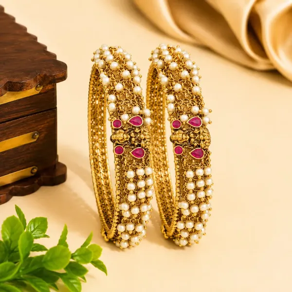 1_Gram_Gold_Pearl_Bangles_Antique_Bridal_Bangles_Set_With_Ruby_V_2254_Red