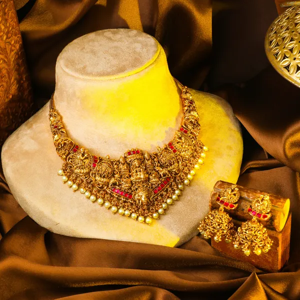 1_Gram_Gold_Short_Necklace_Set_Peacock_Lakshmi_Pearl_Border_Design_J_1055_Red