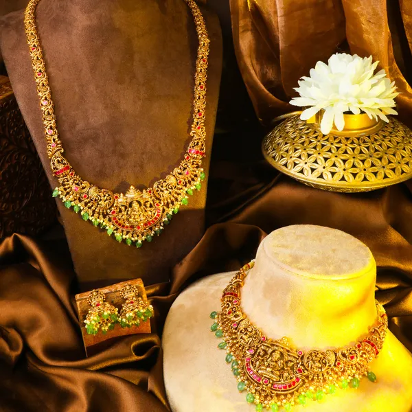 1_Gram_Gold_Combo_Necklace_Set_Bridal_Jewellery_Set_With_Lakshmi_J_864n_Red