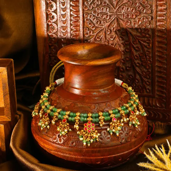1_Gram_Gold_Choker_Set_Green_Bead_Ruby_Jhumka_Drop_Design_Red