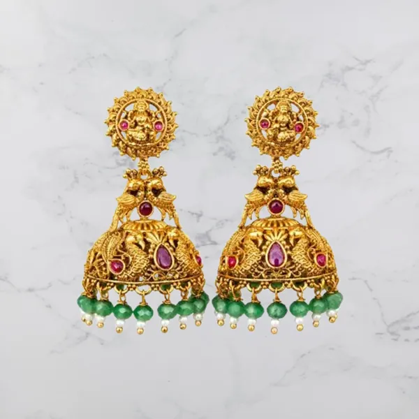 Temple_Jhumka_Earrings_With_Lakshmi_Motif_Green_Beads_Green