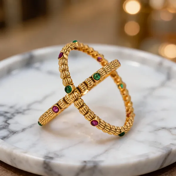 Gold_Plated_Textured_Bangle_Green_Pack_Of_2