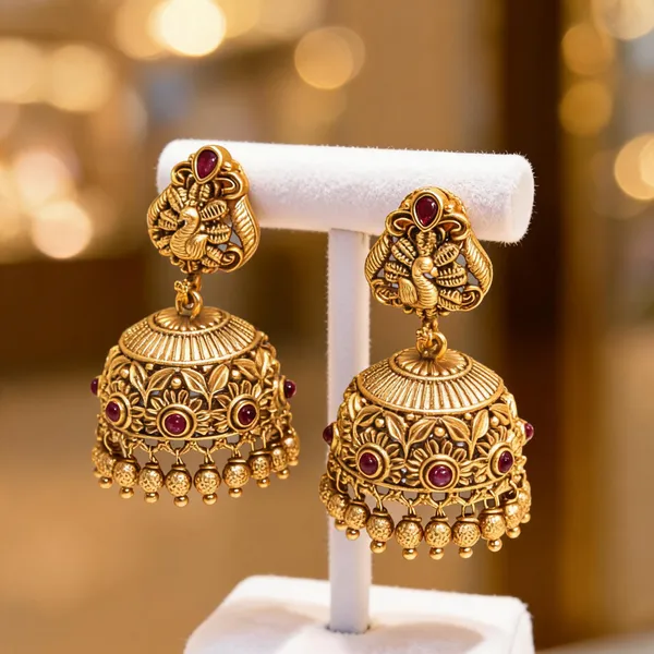 Gold_Plated_Peacock_Style_Jhumka_Red