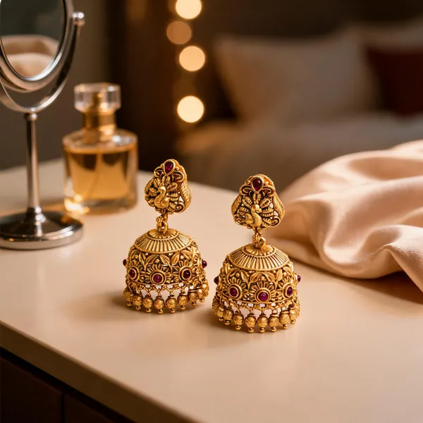 Gold_Plated_Peacock_Style_Jhumka_Red