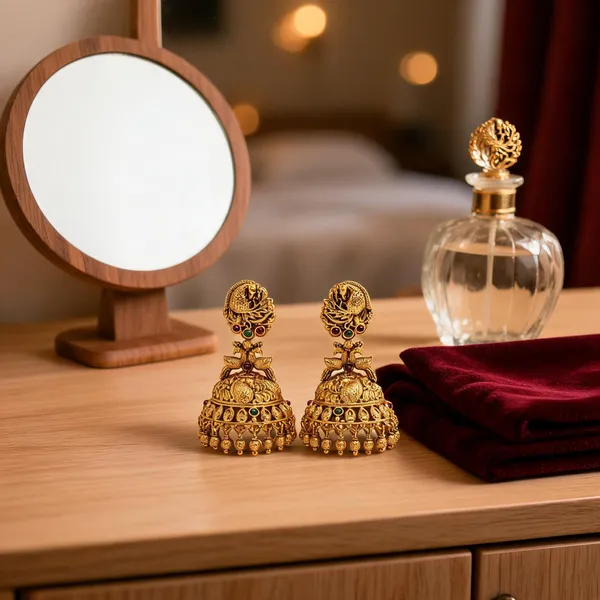 Antique_Peacock_Gold_Plated_Jhumka_Red