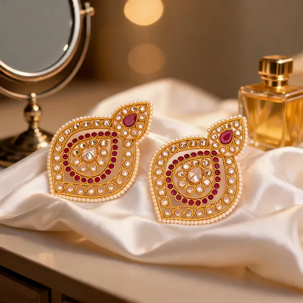 Antique_Leaf_Petal_Gold_Plated_Jhumka_Red