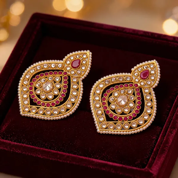 Antique_Leaf_Petal_Gold_Plated_Jhumka_Red