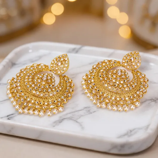 Antique_Gold_Plated_Jhumka_With_White_Stone_White