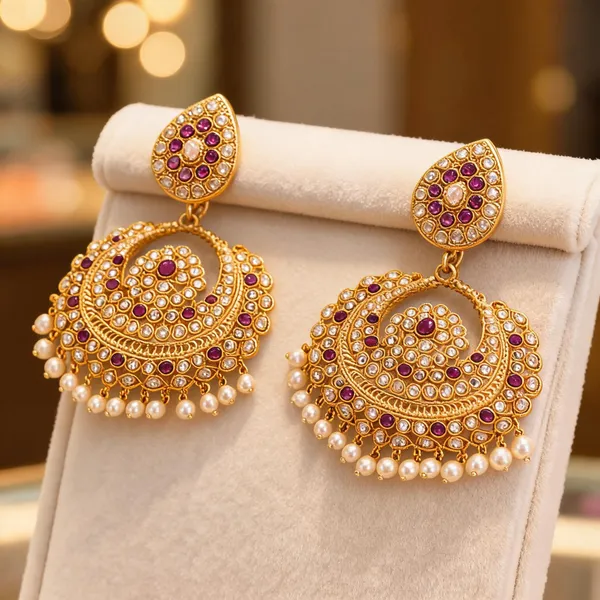 Antique_Gold_Plated_Jhumka_With_White_Stone_Red