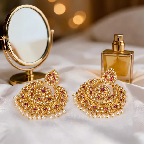 Antique_Gold_Plated_Jhumka_With_White_Stone_Red