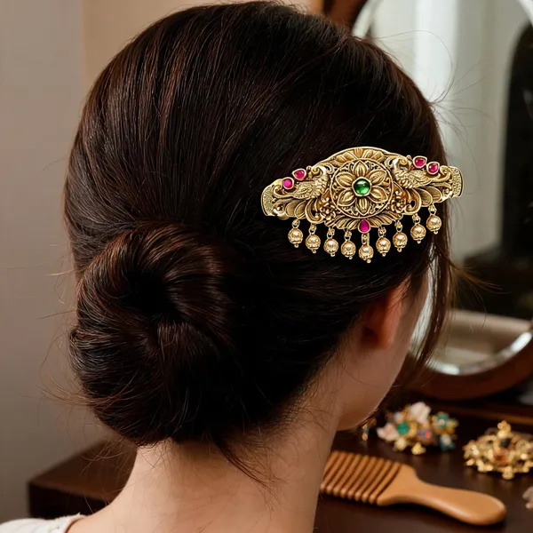 Peacock_Flower_Design_Hair_Clip_Green