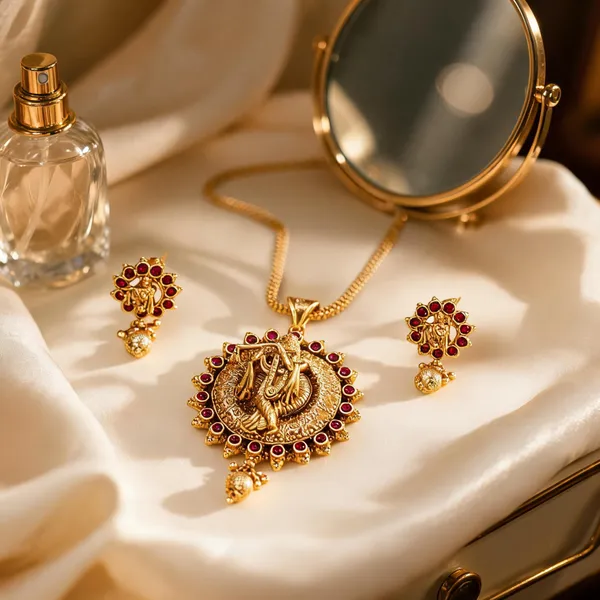 Krishna_Gold_Plated_Pendant_Set_Red