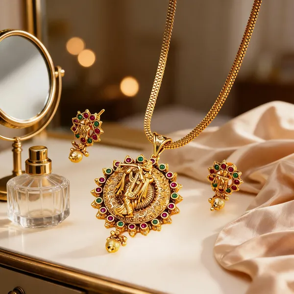 Krishna_Gold_Plated_Pendant_Set_Green