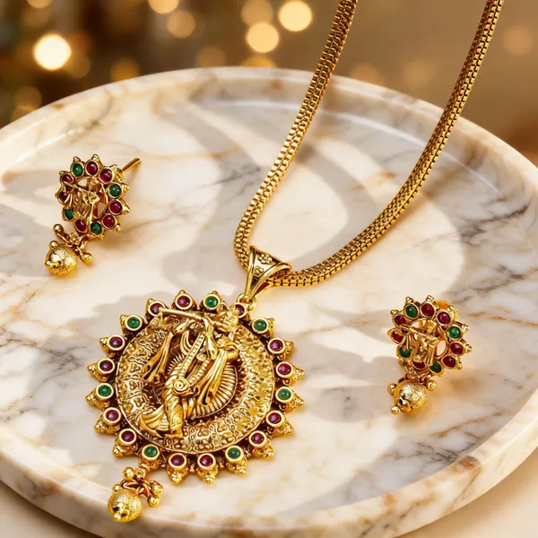 Krishna_Gold_Plated_Pendant_Set_Green