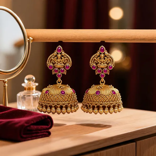 Antique_Gold_Plated_Lakshmi_Jhumka_Red