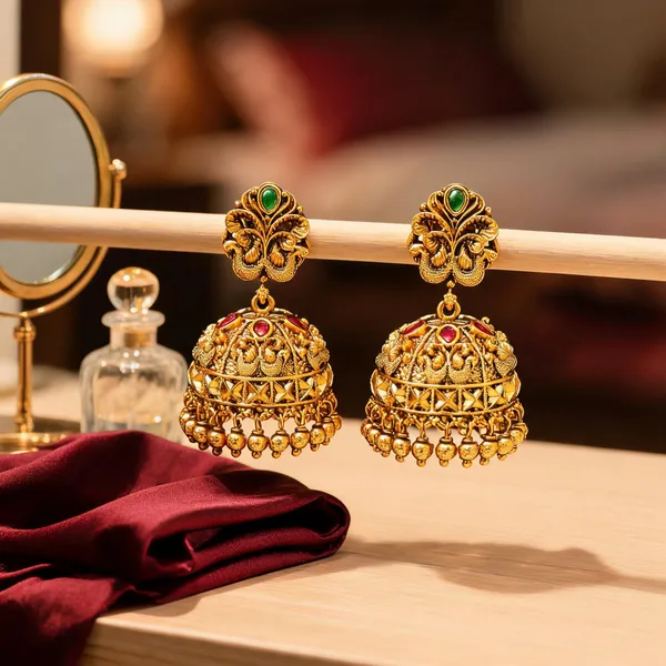 Majestic_Peacock_Antique_Gold_Plated_Jhumka_Red