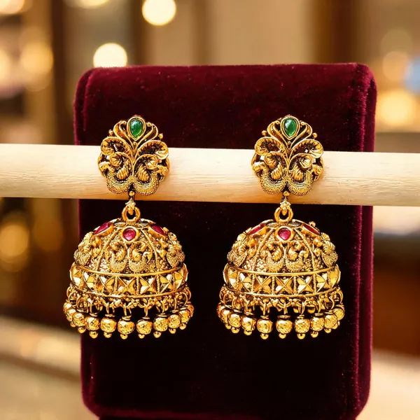 Majestic_Peacock_Antique_Gold_Plated_Jhumka_Red