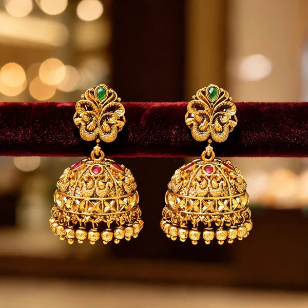 Majestic_Peacock_Antique_Gold_Plated_Jhumka_Green