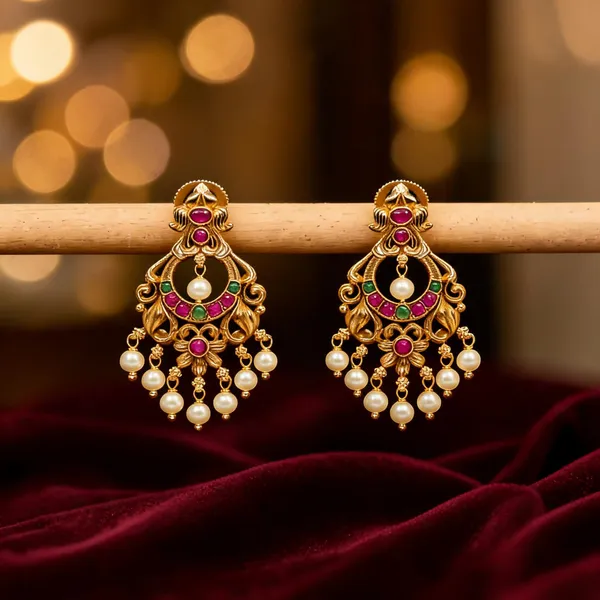 Antique_Gold_Plated_Chandbali_With_Pearl_Drops_Green