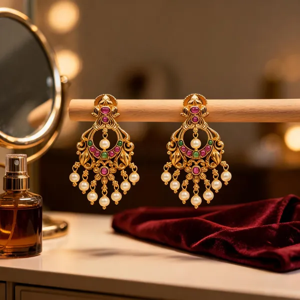 Antique_Gold_Plated_Chandbali_With_Pearl_Drops_Green