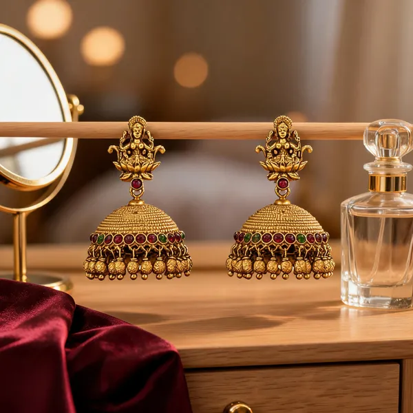 Antique_Finish_Gold_Plated_Jhumka_Red