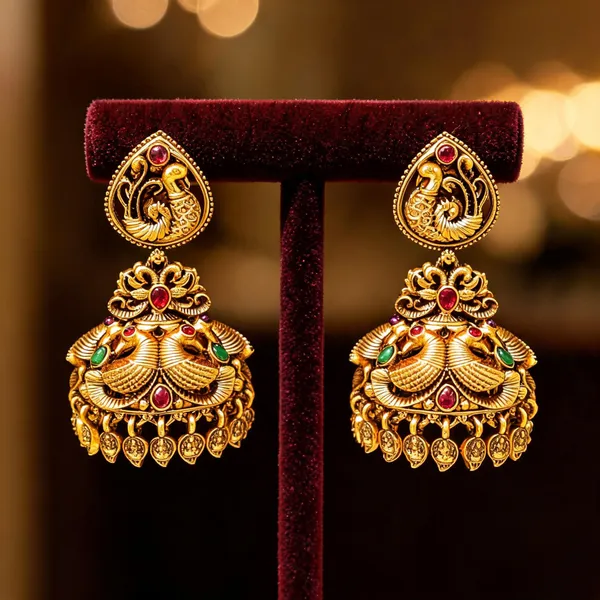 Antique_Finish_Peacock_Gold_Plated_Jhumka_Red