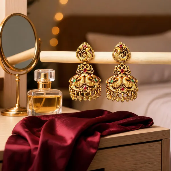 Antique_Finish_Peacock_Gold_Plated_Jhumka_Red