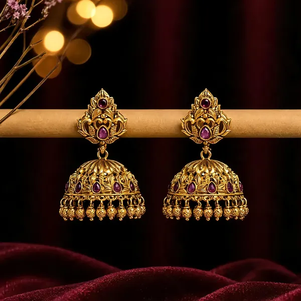 Antique_Finish_Flower_Petal_Gold_Plated_Jhumka_Red
