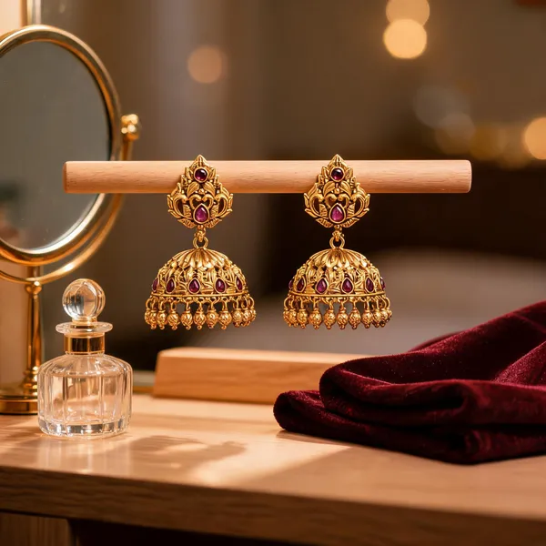 Antique_Finish_Flower_Petal_Gold_Plated_Jhumka_Red