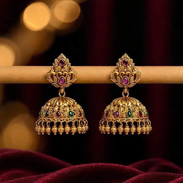 Antique_Finish_Flower_Petal_Gold_Plated_Jhumka_Green
