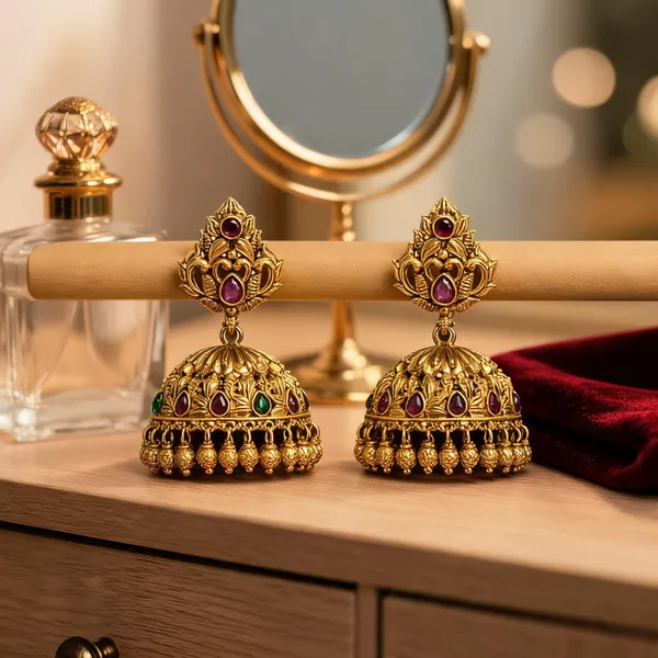 Antique_Finish_Flower_Petal_Gold_Plated_Jhumka_Green