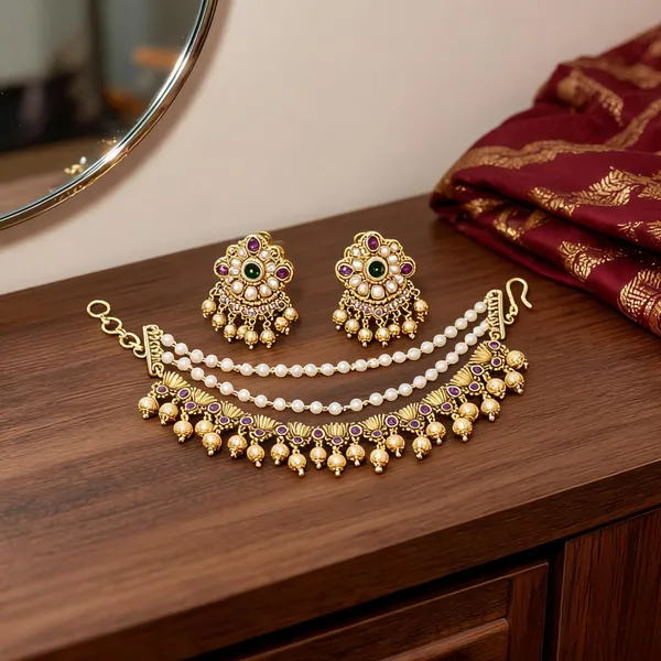 Graceful_Lotus_Design_Gold_Plated_Ear_Chain_Red