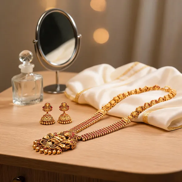Antique_Gold_Lakshmi_Lotus_Long_Necklace_Set_Red