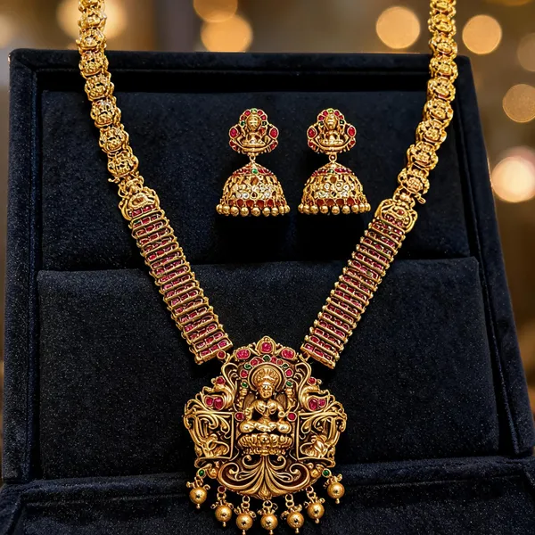 Antique_Gold_Lakshmi_Lotus_Long_Necklace_Set_Red
