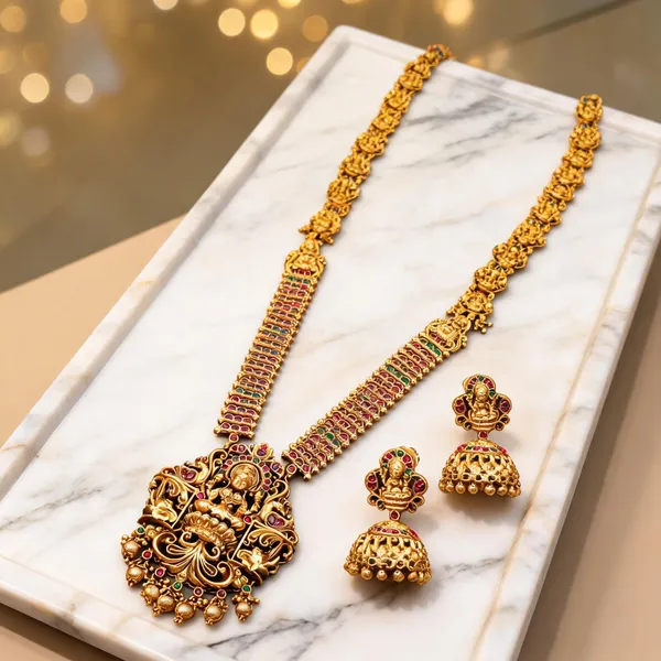 Antique_Gold_Lakshmi_Lotus_Long_Necklace_Set_Green