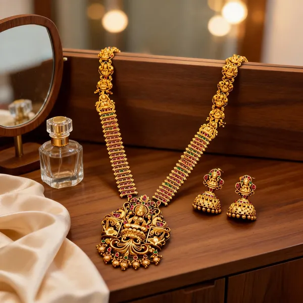 Antique_Gold_Lakshmi_Lotus_Long_Necklace_Set_Green