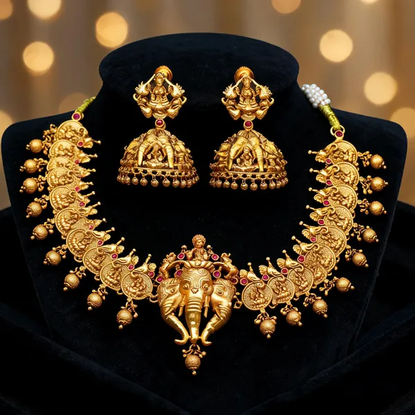 Elephant_Lakshmi_Temple_Short_Necklace_Set_Antique_Finish_Red